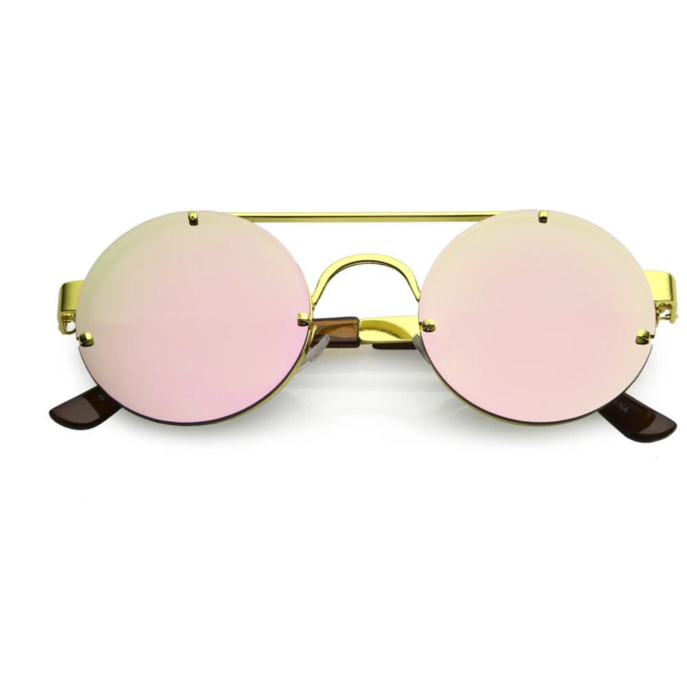 Retro Modern Steampunk Round Metal Frame Mirrored Pink Gold Fashion Sunglasses